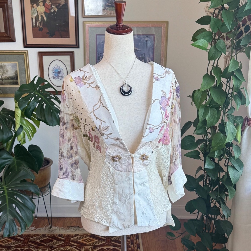 Boho Fairy 3 Piece Set Floral Lace Patchwork Beaded Romantic Cream Purple - Picture 2 of 9